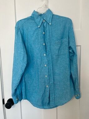 Brooks Brothers Mens Blue Irish Linen Slim Fit Button Down Shirt Coastal Small